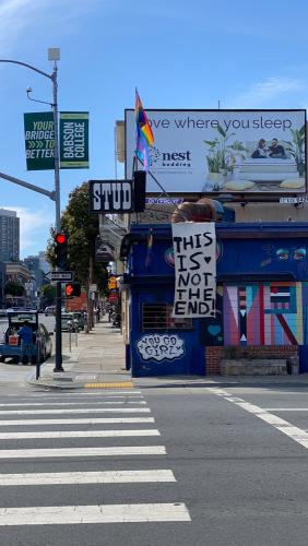 Exterior shot of the stud bar in San Francisco, CA. Image captured in June of 2020 during the COVID pandemic while San Francisco was still shutdown. The exterior of the building is covered in graffiti and murals by various queer artists.